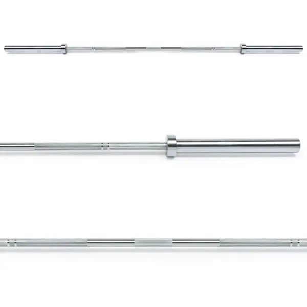 Three views of the ATX® Olympic Power Barbell with Centre Knurling on a white background: top view of the entire bar, close-up showing grip texture, and side view highlighting the bars length and ends.