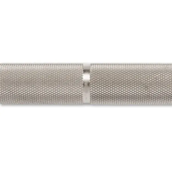 Close-up of the ATX® Competition Powerlifting Barbell featuring a silver textured bar with detailed knurling and a smooth central ring, highlighted against a white background.