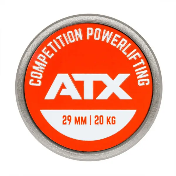 The ATX® Competition Powerlifting Barbell features a round orange and white logo with a barbell design, showcasing 29 mm | 20 kg on a sleek metallic backdrop.