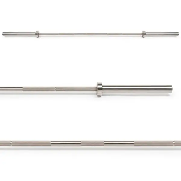 Close-up of the ATX® Competition Powerlifting Barbell on a white background, showcasing its silver finish, intricate knurling details, and smooth ends for attaching weights from various angles.