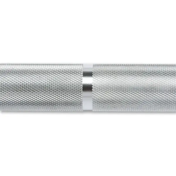 Close-up of the ATX® Competition Olympic Weightlifting Barbell, showcasing its silver, metallic surface and textured knurled grip for secure handling. Expertly designed for weightlifting exercises, it combines elegance with functionality.