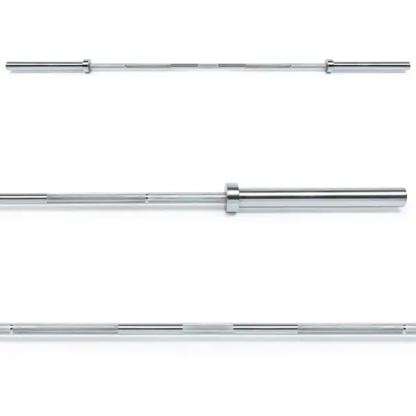 Three ATX® Competition Olympic Weightlifting Barbells are displayed horizontally on a plain white background, showcasing various angles and details such as distinctive knurling patterns and smooth sections, ideal for enhancing grip during intense lifts.