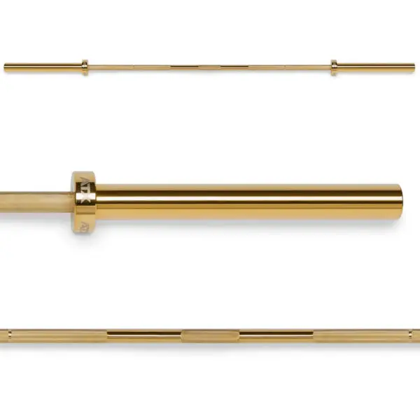 The ATX® Olympic Golden Powerlifting Bar features a gold finish with detailed images highlighting its length and close-ups of the rotating sleeve mechanism, offering a sleek and professional appearance.