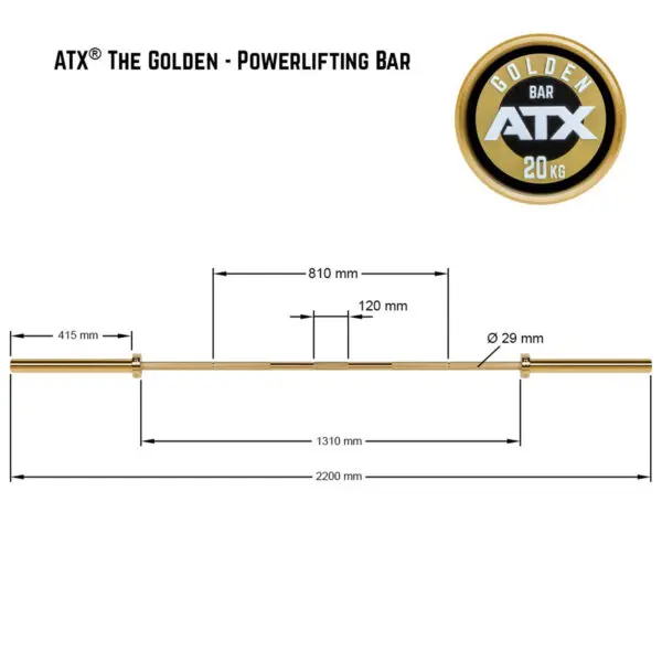 Diagram of the ATX® Olympic Golden Powerlifting Bar featuring a circular logo and detailed measurements: 2200 mm total length, 29 mm diameter, with specific segments marked as 415 mm and 810 mm. The bar weighs 20 kg.