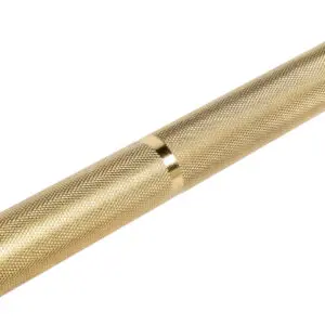 Close-up of the ATX® Olympic Golden Powerlifting Bar, featuring a gold-colored, textured metal design with a smooth, shiny band in the center. Its intricately patterned surface enhances grip, resembling weightlifting equipment against a plain white background.