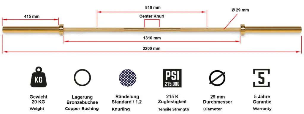 The ATX® Olympic Golden Powerlifting Bar is 2200 mm long, has a center knurl of 810 mm, grip length of 1310 mm, weighs 20 kg, and has a diameter of 29 mm. It features copper bushing and a tensile strength of 215K PSI. Comes with spec icons and a 5-year warranty.
