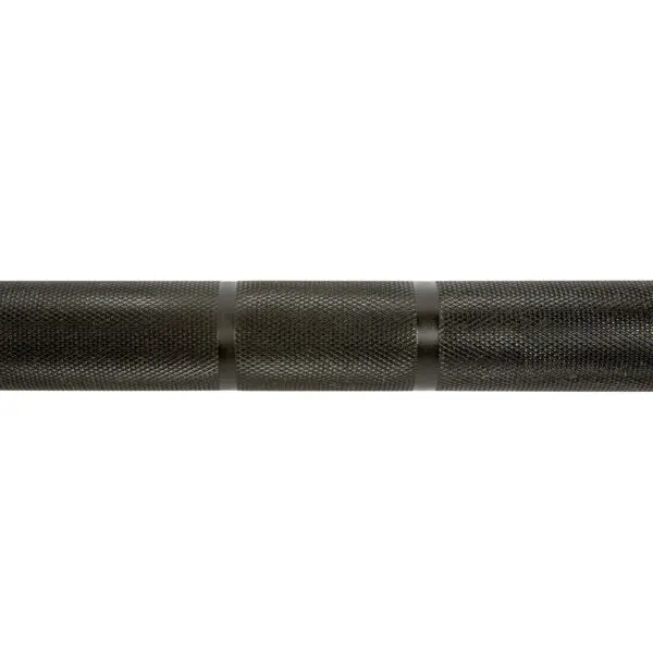 Close-up of the ATX® Olympic Power Barbell - Black, showcasing its textured black surface with a knurled grip design and several horizontal bands.