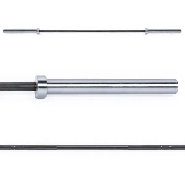 Image of the ATX® Olympic Power Barbell - Black, featuring its sleek black finish. The barbell is displayed from multiple angles, emphasizing its cylindrical shape and smooth texture.
