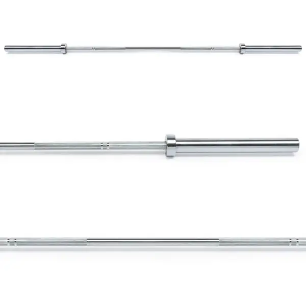 Three views of the ATX® Olympic Power Bar Chrome: top view shows the whole barbell, middle view focuses on the grip and sleeve, and bottom view details the knurling pattern.