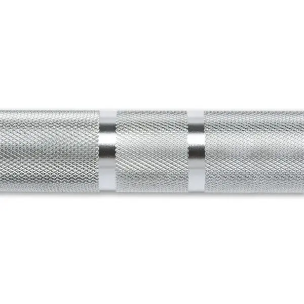 Close-up of the ATX® Olympic Power Bar Chrome, featuring a silver textured handle with a knurled grip and a contrasting smooth center section.