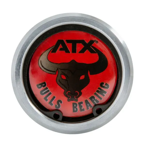 Circular object with a silver metallic rim and red center featuring a black bull head logo. The text ATX appears on top and BULLS BEARING at the bottom, with two small holes nearby.