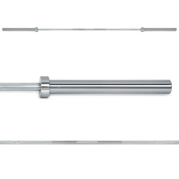 The ATX® Olympic Bulls Bearing Bar is depicted in silver metallic, showing various angles, including a close-up of the ribbed grip section and the entire barbell laid horizontally. It features a smooth shaft designed for weightlifting.