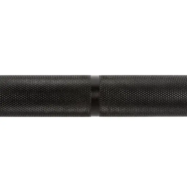 Close-up of The Original ATX® Ram Olympic Power Bar, featuring a textured, black metal with a knurled pattern and smooth center band, set against a white background.