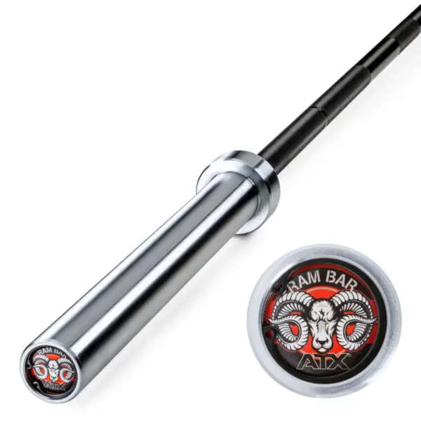 A close-up of the chrome and black Original ATX® Ram Olympic Power Bar with a silver and red end cap displaying a rams head logo. The words Ram Bar ATX encircle the logo, highlighting its strength.
