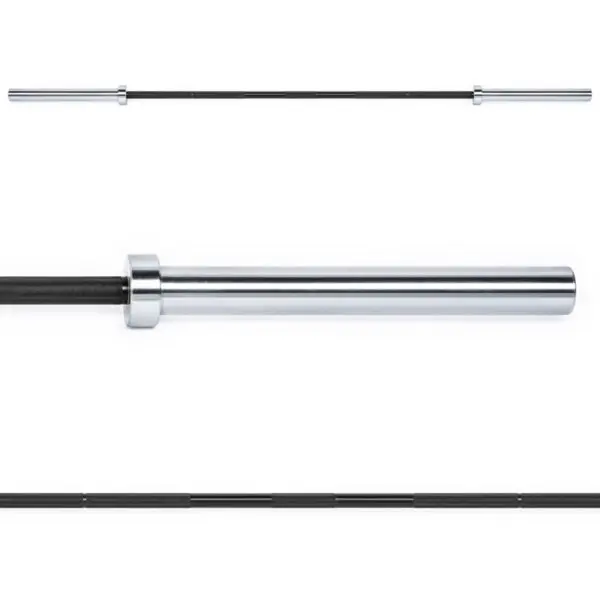 The Original ATX® Ram Olympic Power Bar features a long metallic design with smooth silver ends and a dark central section, displayed from various angles against a pristine white background.