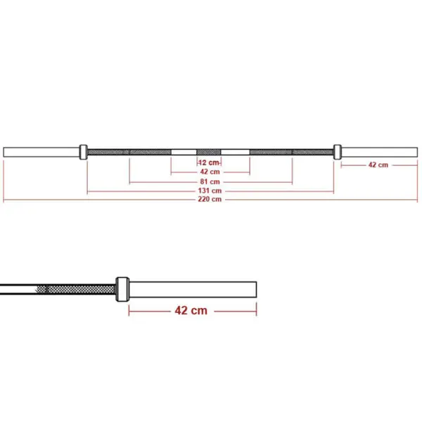 An illustration of The Original ATX® Ram Olympic Power Bar, featuring a central shaft of 131 cm, grip areas of 42 cm each, and an overall length of 220 cm. It includes labels for knurling, sleeves, and grip spacing.