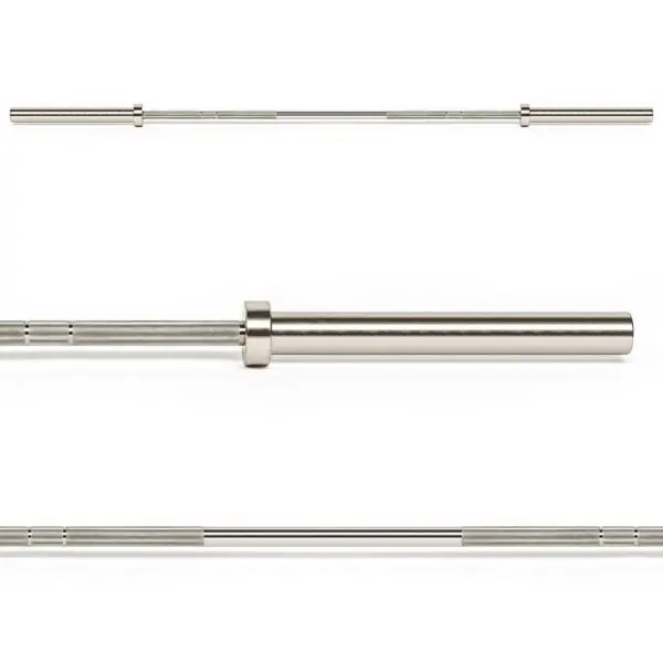 Three views of the ATX® Olympic Stainless Steel Bar on a white background highlight its long, cylindrical design with rotating sleeves. The barbell has knurling for grip and is ideal for weightlifting exercises.