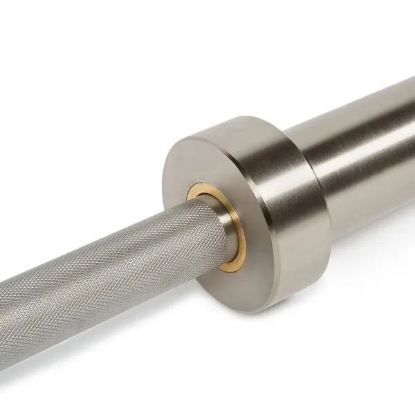 Close-up of the ATX® Olympic Stainless Steel Bars silver sleeve and collar, showcasing the textured grip and metallic finish.