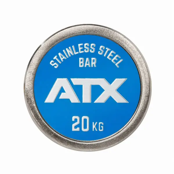 A circular weightlifting plate featuring a metallic outer rim and a blue center with the text STAINLESS STEEL BAR at the top, ATX in the middle, and 20 KG at the bottom. Product: ATX® Olympic Stainless Steel Bar.