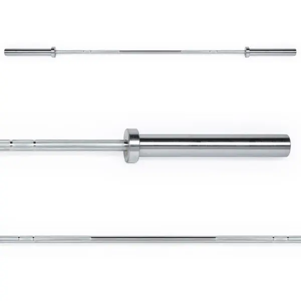 The ATX® Olympic Womens 15kg Bar, in silver, is displayed from three different angles against a white background. It features a long, cylindrical shape with a smooth, polished finish and a wider grip section in the middle.
