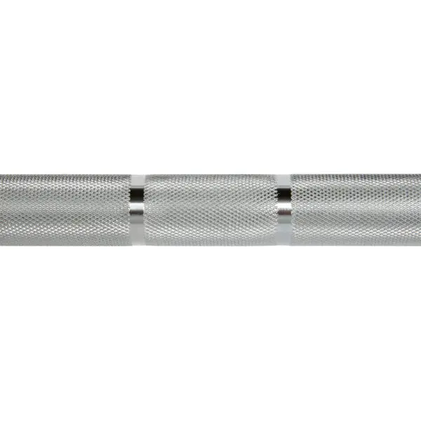 Zoom in on the ATX® Olympic Womens 15kg Bar with its silver finish and textured, knurled grip in the center. The visible knurling offers a secure, non-slip surface for weightlifting. The backdrop is plain white.