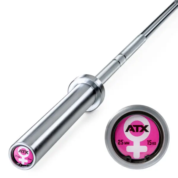 A silver ATX® Olympic Womens 15kg Barbell features a pink end cap with the ATX logo and female symbol, inscribed 25 mm and 15 kg, accompanied by an enlarged view of the end cap.