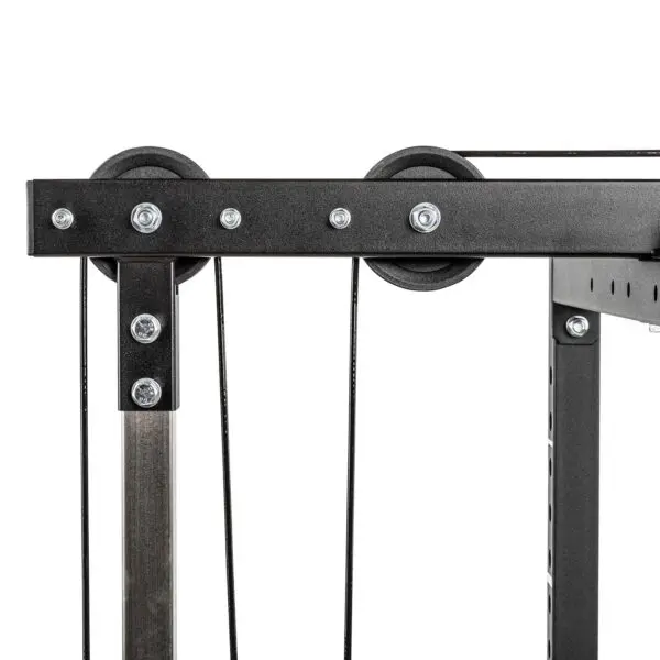 Close-up of the ATX® Lat Option 520 215cm, a black metal pulley system with multiple wheels and cables on a sturdy frame, featuring bolts for secure mounting.