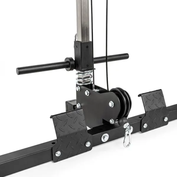 The ATX® Lat Option 520 215cm is a black gym cable machine attachment with textured grips, featuring handles, pulleys, and metal components designed for fitness exercises.