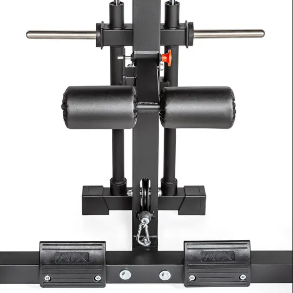 Close-up view of the ATX® Lat Option 650 Plate Loaded, a black fitness machine featuring padded support bars and adjustable mechanisms for strength training. The equipment is set against a plain white background.