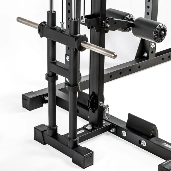 Close-up of the ATX® Lat Option 650 Plate Loaded, a black fitness machine with metal bars and padded rollers. The image highlights its adjustable components and sturdy construction, perfect for weightlifting or workout setups.