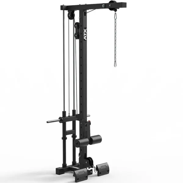 The ATX® Lat Option 750 Plate Loaded is a black cable pulley system with adjustable weights and a vertical frame, including footrests. Its ideal for targeted strength training exercises.
