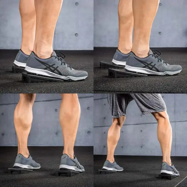 A collage of four images features a person using Mini Squat Wedges while wearing gray athletic shoes, performing calf stretches from different angles, highlighting the calf muscles and shoe design.