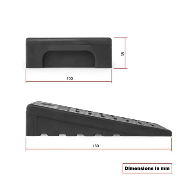 The Mini Squat Wedges, made of black rubber, have a triangular profile with grooves and a bottom notch. Their dimensions are 35x100x160mm (H x W x L).
