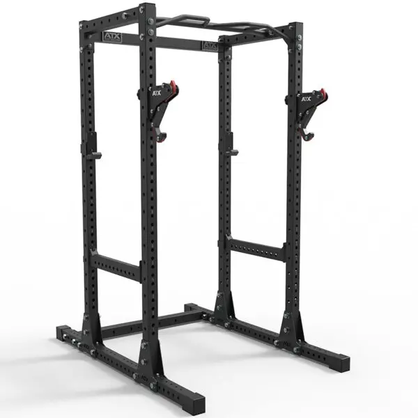 The ATX® PRX Monolift is a black metal power rack with adjustable bolt holes, a top pull-up bar, barbell hooks, and a sturdy base for stability. Its designed for weightlifting and strength training exercises.