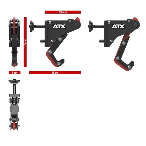 Three views of the ATX® PRX Monolift in black and red, showcasing dimensions: 24.5 cm (width), 3.4 cm (depth), 35 cm (height), with a base width of 8 cm. Includes side, front, and top perspectives.