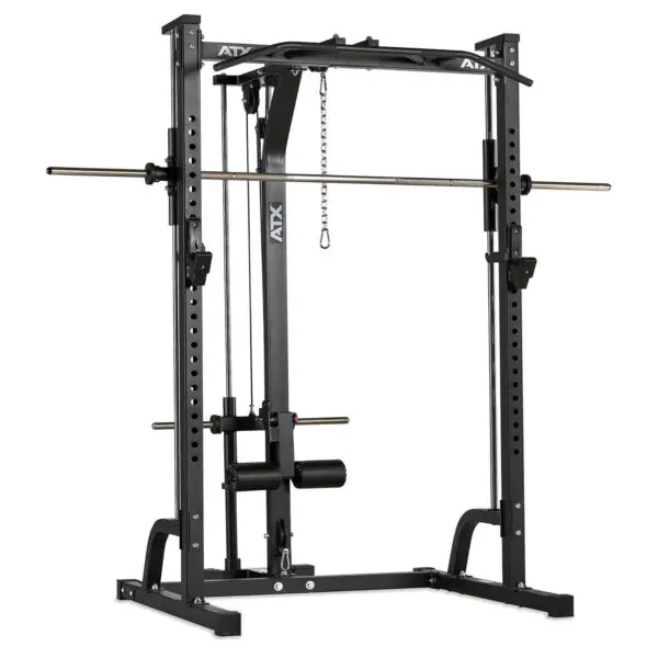 The ATX® Smith Machine System Plate Loaded is a multifunctional black power rack featuring a barbell, adjustable safety bars, and a cable pulley system, ideal for strength training exercises like squats and bench presses. The design emphasizes durability and sturdiness.
