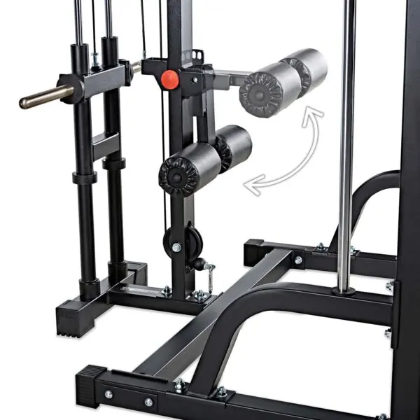 Close-up of the ATX® Smith Machine System Plate Loaded, showcasing padded rollers, a black metal frame, and an adjustable lever with a red knob. An arrow indicates movement direction with the floor visible beneath.
