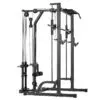 The ATX® Smith Machine System Plate Loaded is a multifunctional home gym featuring adjustable cables, pulleys, and metal weight plates for strength training. It includes a pull-up bar, weight bar holder, and various exercise attachments.