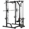 The ATX® Smith Machine System Plate Loaded is a versatile home gym solution with adjustable cables, a pull-up bar, and a weight lifting rack. It features a durable metal construction with a black finish equipped with multiple grips and pulleys for diverse strength training exercises.