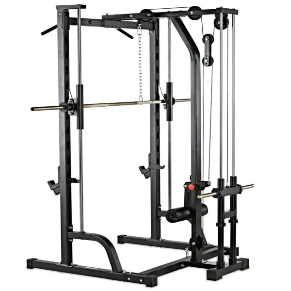The ATX® Smith Machine System Plate Loaded is a versatile home gym solution with adjustable cables, a pull-up bar, and a weight lifting rack. It features a durable metal construction with a black finish equipped with multiple grips and pulleys for diverse strength training exercises.