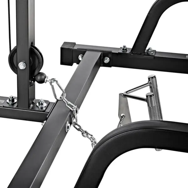 Close-up of the ATX® Smith Machine System Plate Loaded, showcasing its black metal frame with chains and a pulley system, emphasizing the connections and metal components at the lower part of the structure.