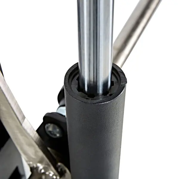 Close-up of the ATX® Smith Machine Half Rack showing the metal telescopic pole extending from its cylindrical base, surrounded by bolts and a hinge mechanism, with a sleek black coating on the base.