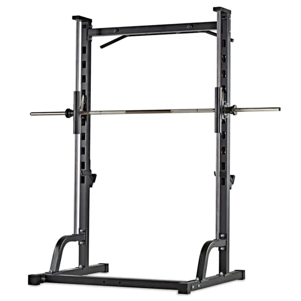 A metal ATX® Smith Machine Half Rack includes a barbell, safety hooks, and adjustable height settings. It features a sturdy base designed for weightlifting exercises.