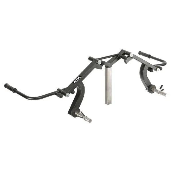 The ATX® Ab Crunch Attachment is a black metal safety squat bar featuring two padded arms and handles, designed for weightlifting. It includes a central attachment with a vertical metal plate, enhancing stability during squats.