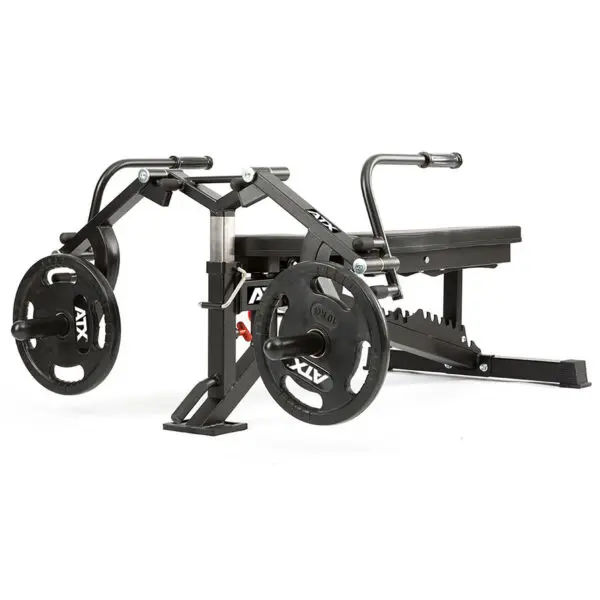 The ATX® Ab Crunch Attachment is a versatile gym bench with adjustable handles and weighted plates on either side. Designed with a black metal frame, its perfect for various strength training exercises.
