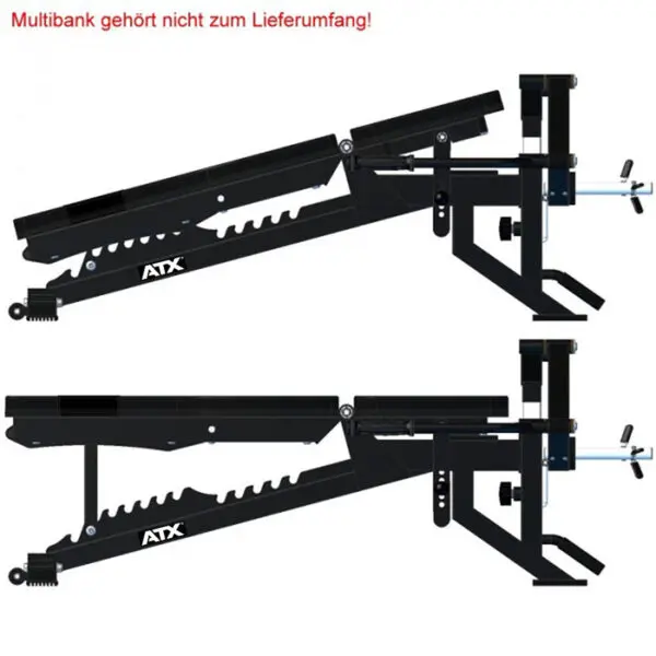 Two black ATX® Ab Crunch Attachment diagrams are shown side by side, highlighting design and features. The German text above reads Multibank gehört nicht zum Lieferumfang! indicating the multibank is not included in the delivery scope.