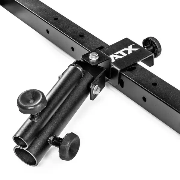 Close-up of a black ATX® T-Bar Row Attachment, featuring adjustable fitness equipment with multiple screw knobs for securing and adjusting. The ATX branding is prominently displayed on the attachment.