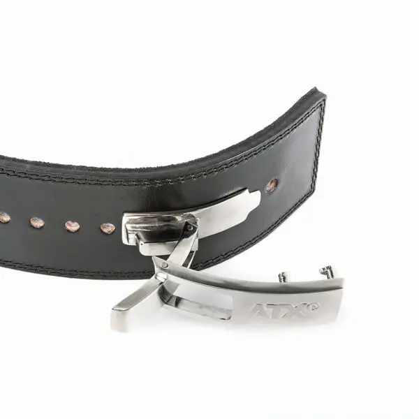 The ATX® Lever Leather Powerlifting Belt is displayed, featuring a sleek black leather design and a silver metal latch buckle. It boasts multiple adjustment holes and neatly stitched edges, with the partially open latch showcasing its modern style.