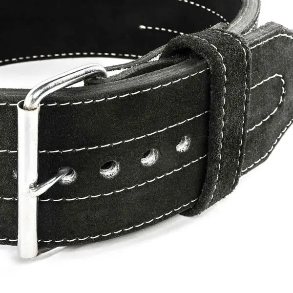Close-up of the ATX® Suede Power Belt in black, showcasing white stitching, a silver buckle, and multiple adjustment holes.