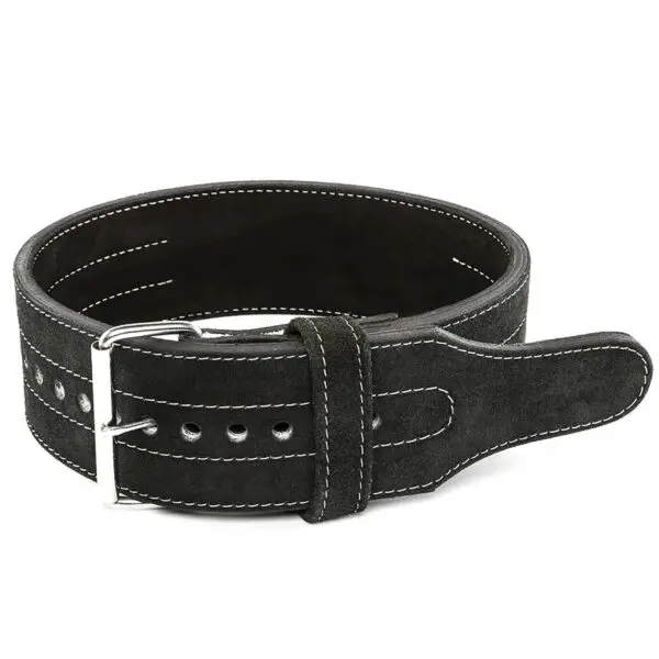 Introducing the ATX® Suede Power Belt, a stylish wide belt crafted from black leather with white stitching and multiple holes for adjustable fit. It boasts a shiny metal buckle and a loop to secure the belt’s end. The product is elegantly displayed coiled on a pristine white background.